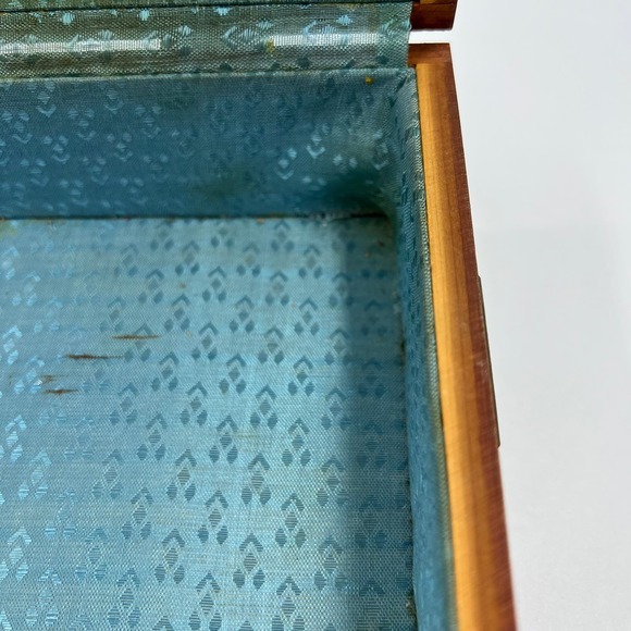 Vintage Wooden Latch Jewelry Storage Box Gold Tone Metal Blue Lining Mirror MCM - Picture 5 of 13